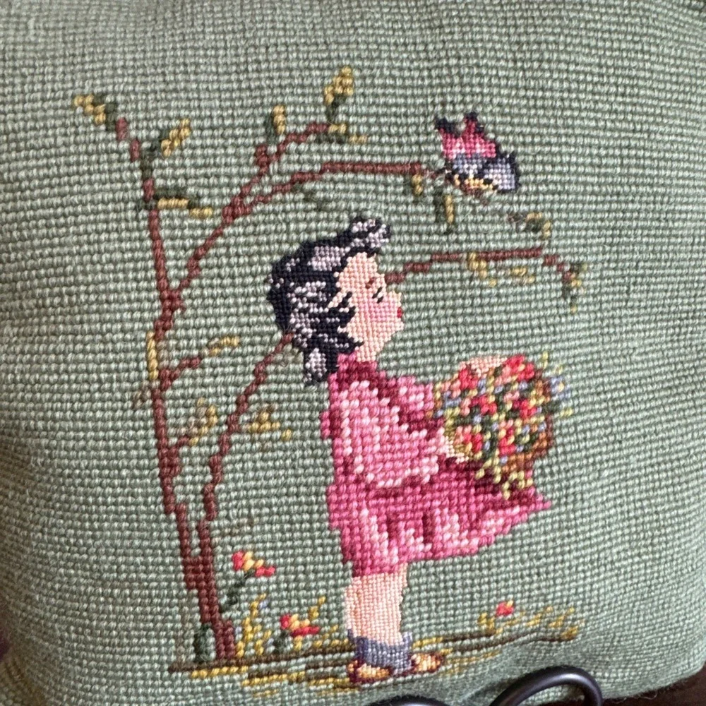 Double Sided Needlepoint Point Pillow Green Cottagecore Country Boy Girl VNTG